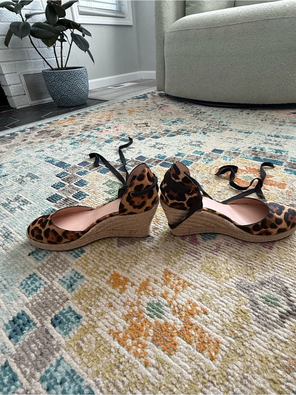 J. Crew Leopard Print Espadrille Wedges with Black Ankle Ties